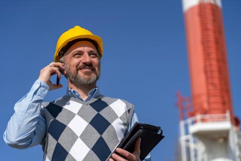 Man wearing a hard hat on site and smiling